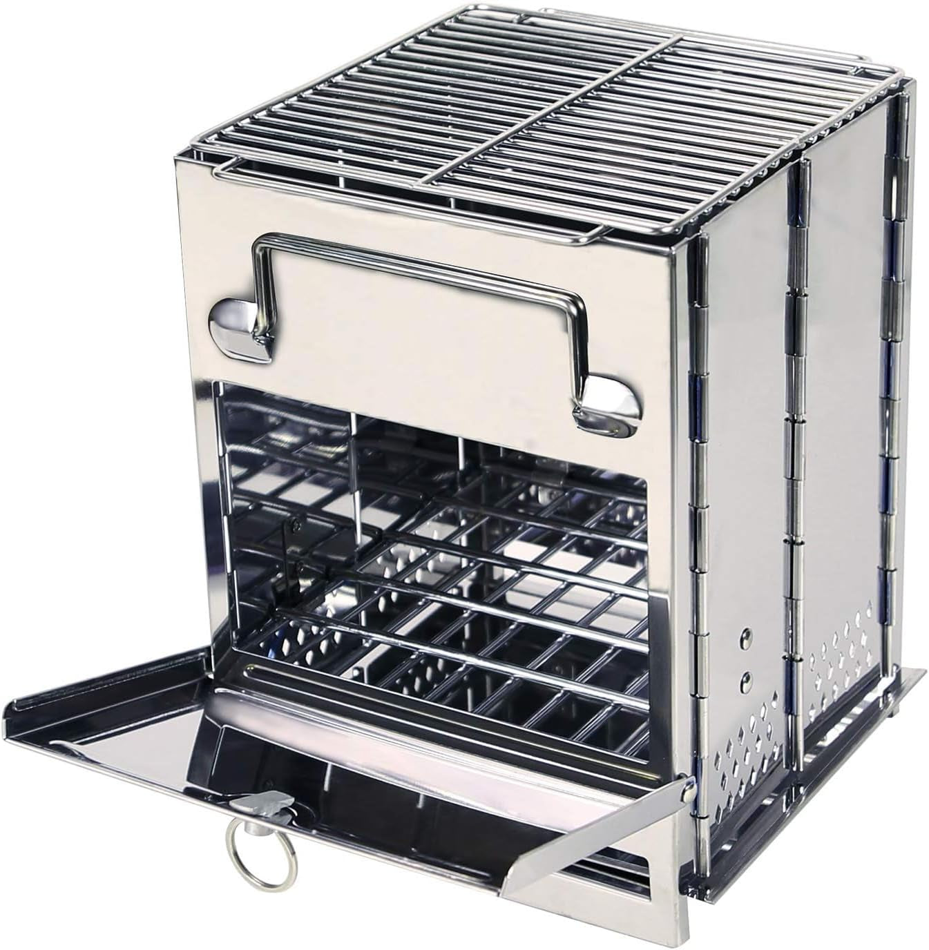 REDCAMP Camping Wood Burning Stove, Stainless Steel Compact Portable Foldable Mini Mult Fuel Camp Stove with Storage Bag, Perfect for Backpacking Hiking Outdoor Cooking Picnic BBQ (Silver-Large)