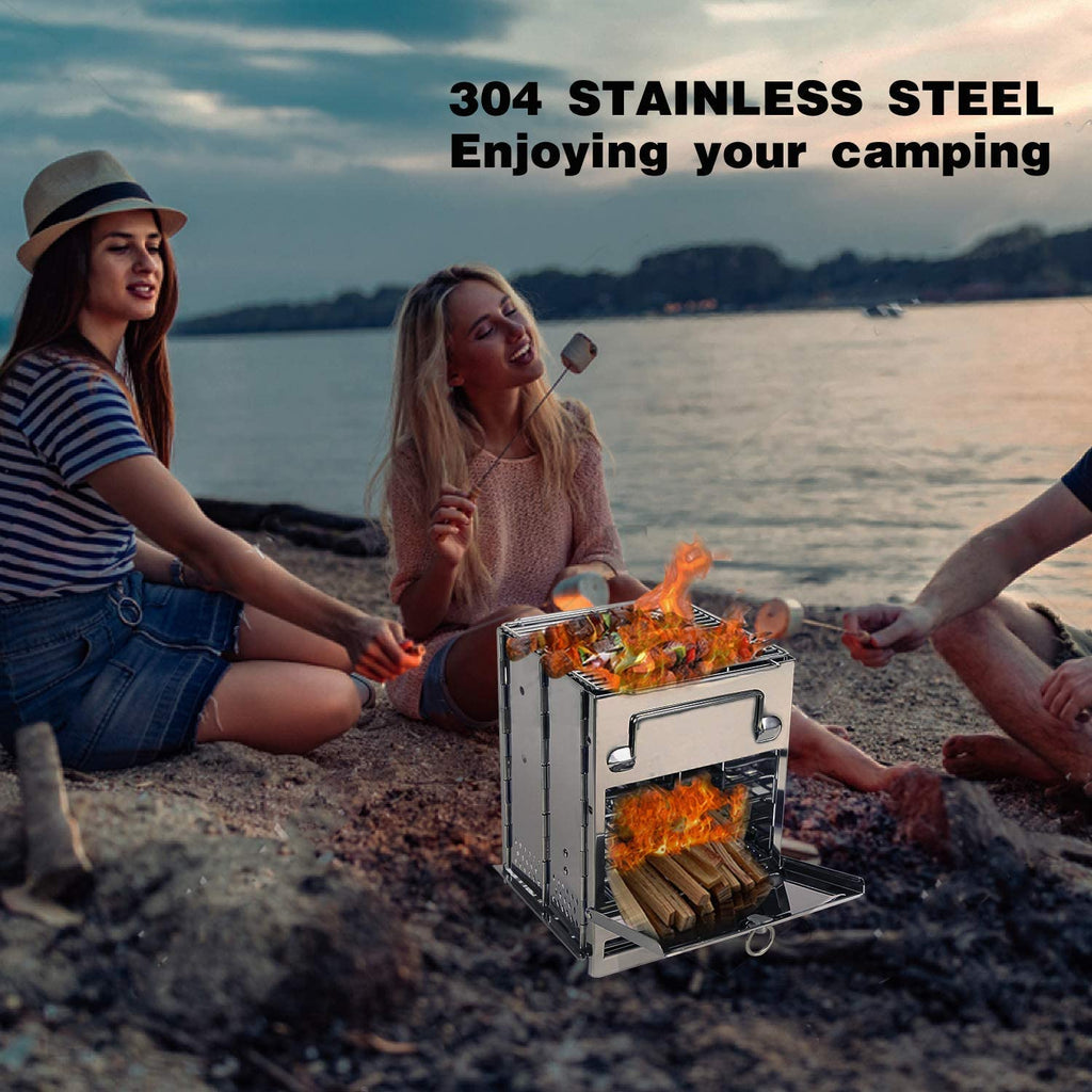 REDCAMP Camping Wood Burning Stove, Stainless Steel Compact Portable Foldable Mini Mult Fuel Camp Stove with Storage Bag, Perfect for Backpacking Hiking Outdoor Cooking Picnic BBQ (Silver-Large)