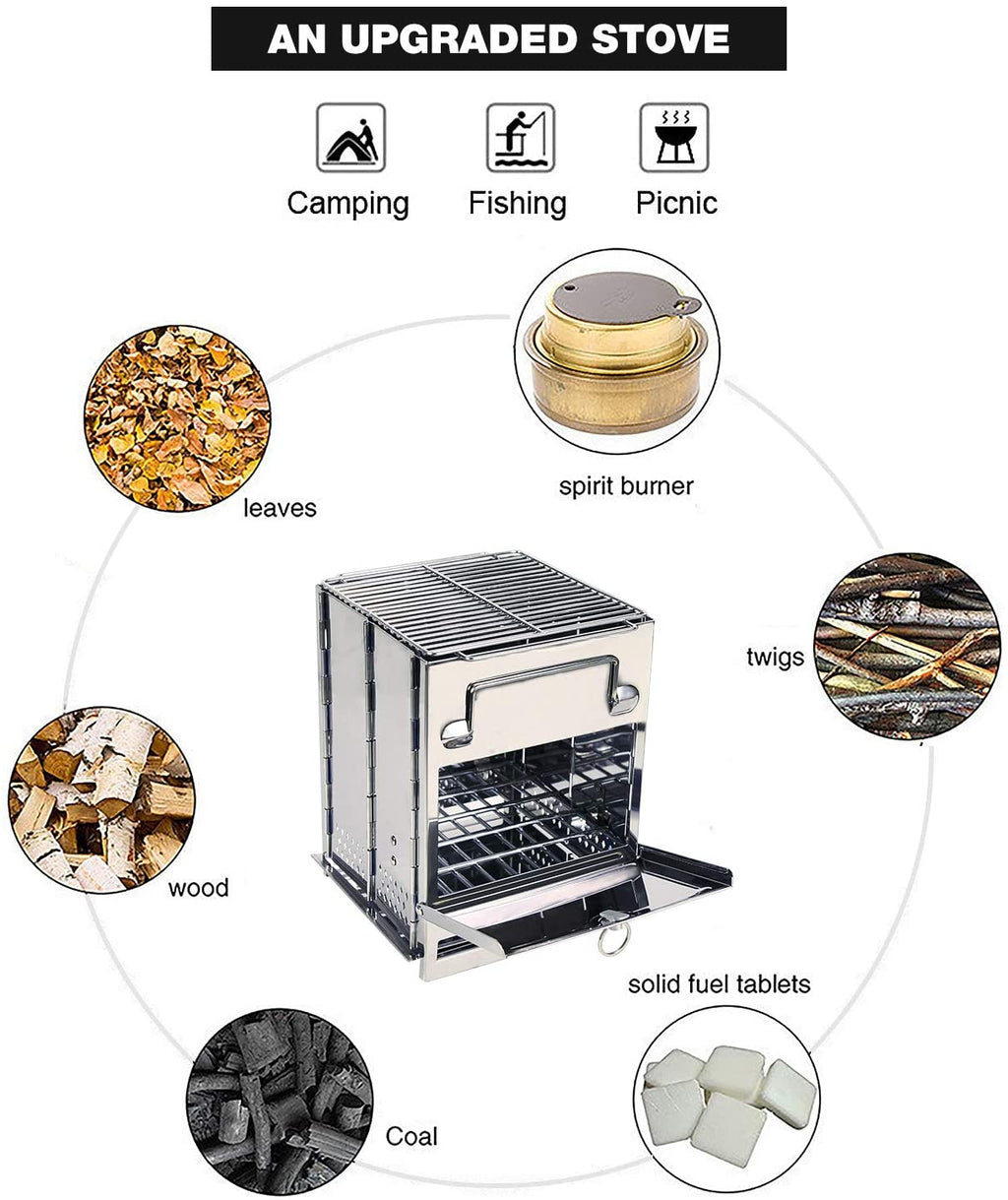 REDCAMP Camping Wood Burning Stove, Stainless Steel Compact Portable Foldable Mini Mult Fuel Camp Stove with Storage Bag, Perfect for Backpacking Hiking Outdoor Cooking Picnic BBQ (Silver-Large)