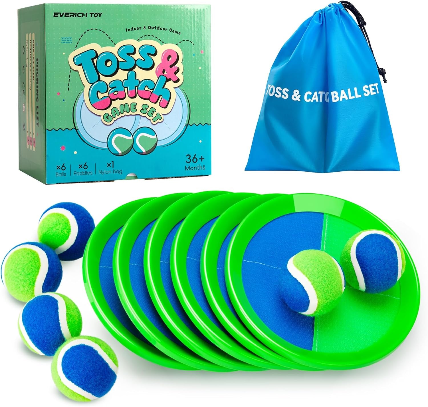 EVERICH Upgraded Toss and Catch Ball Game Set - Indoor and Outdoor Games for Kids 3-12, Beach Sand Pool Water Toy Includes 2 Paddles 2 Sticky Balls, Great Birthday Easter Gifts for Boys Girls