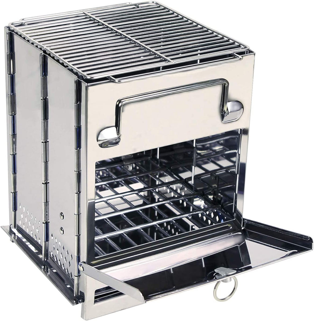 REDCAMP Camping Wood Burning Stove, Stainless Steel Compact Portable Foldable Mini Mult Fuel Camp Stove with Storage Bag, Perfect for Backpacking Hiking Outdoor Cooking Picnic BBQ (Silver-Large)