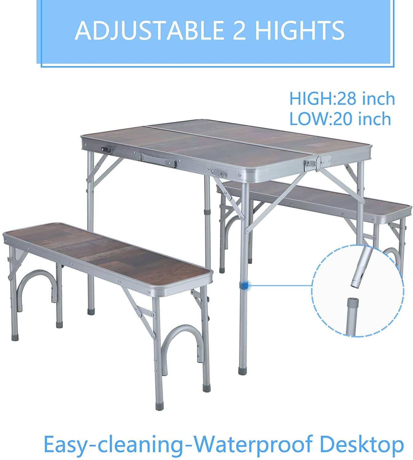 ALPHA CAMP 3PCS Folding Camping Table and Benches Set 4FT Aluminum Camping Table Portable Picnic Dining Table Lightweight Folding Card Table W/Handle for Indoor Outdoor Patio Backyard Party