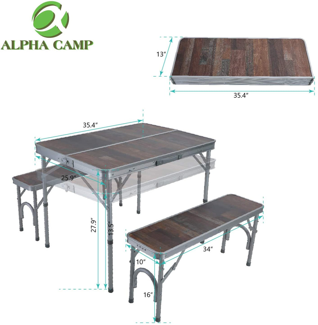 ALPHA CAMP 3PCS Folding Camping Table and Benches Set 4FT Aluminum Camping Table Portable Picnic Dining Table Lightweight Folding Card Table W/Handle for Indoor Outdoor Patio Backyard Party