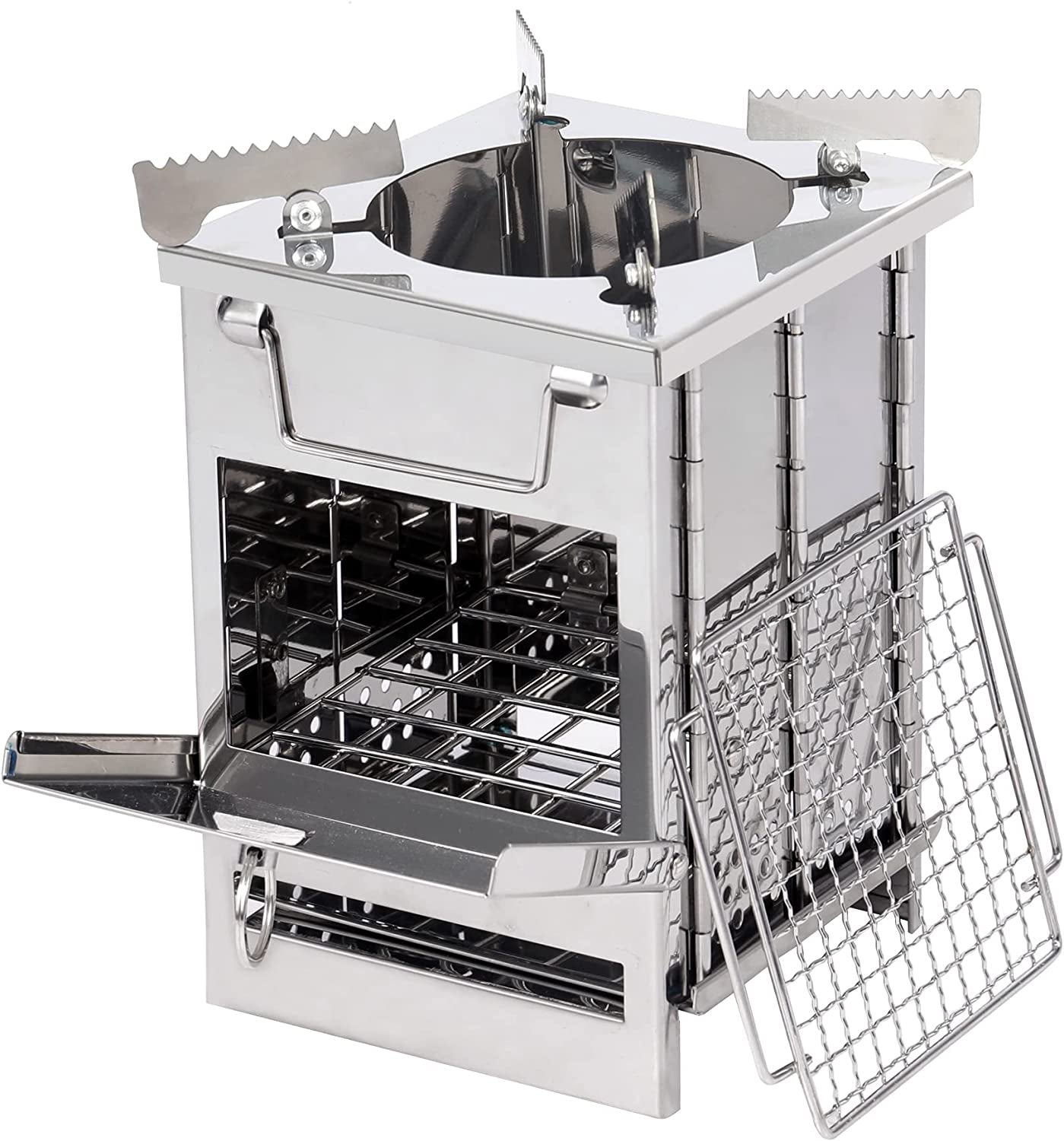 REDCAMP Camping Wood Burning Stove, Stainless Steel Compact Portable Foldable Mini Mult Fuel Camp Stove with Storage Bag, Perfect for Backpacking Hiking Outdoor Cooking Picnic BBQ (Silver-Large)