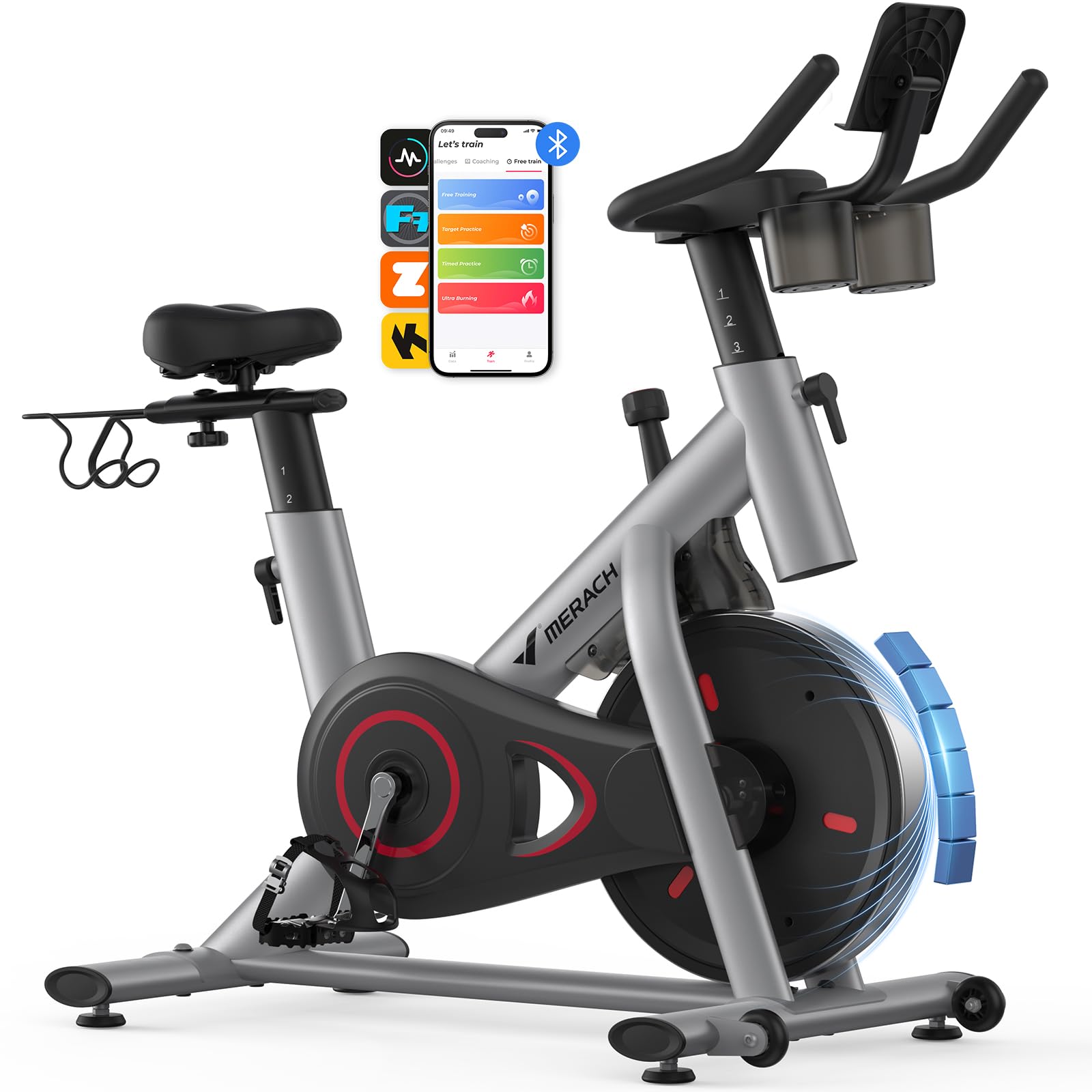 MERACH Exercise Bike, Brake Pad Stationary Bike with Exclusive App, Low Noise Indoor Cycling Bike with 300lbs Weight Capacity, Tablet Mount and Fitness Courses for Weight Loss