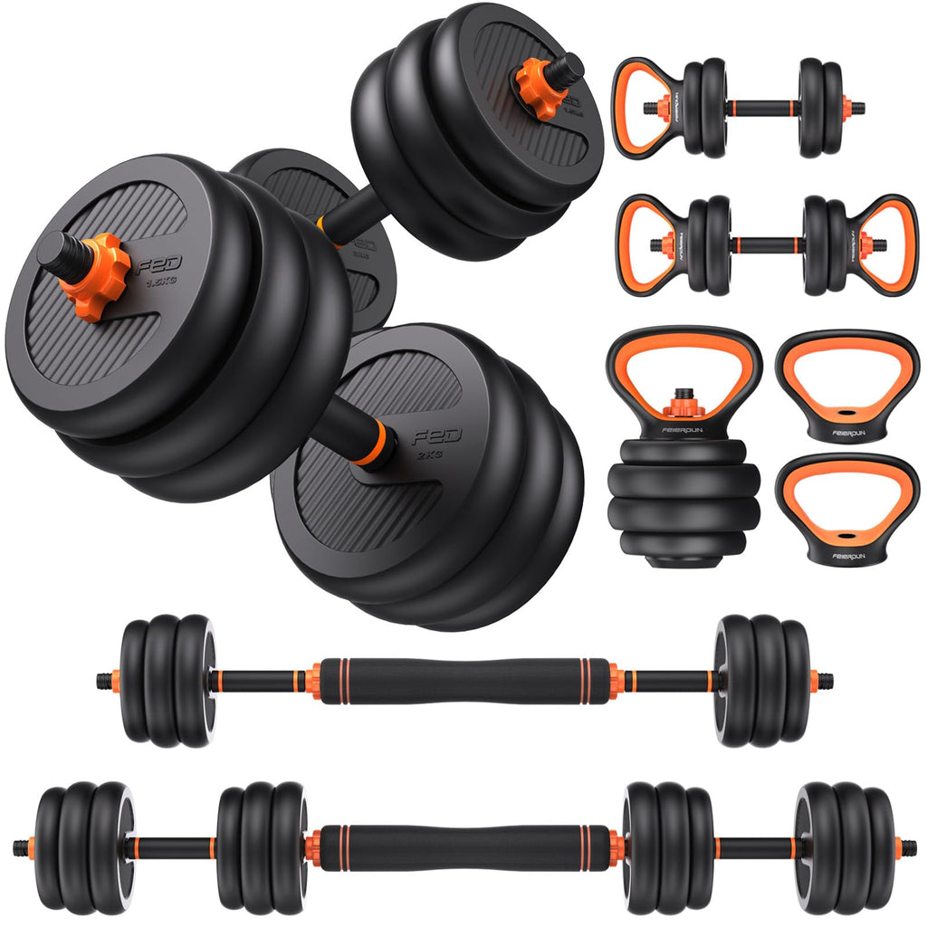 FEIERDUN Adjustable Dumbbells, 20/30/40/45/70/90lbs Free Weight Set with Connector, 5 in1 Dumbbells Set Used as Barbell, Kettlebells, Push up Stand, Weight Plate, Fitness Exercises for Home Gym Suitable Men/Women