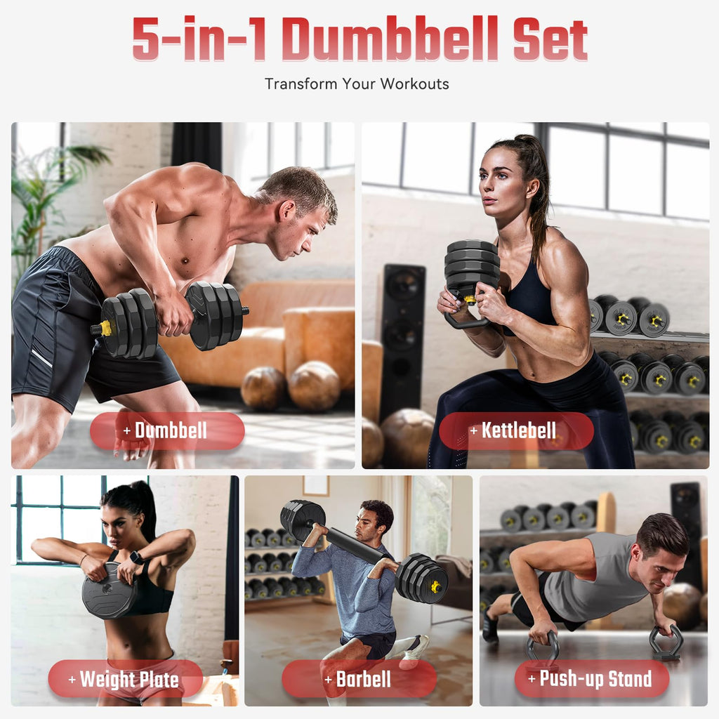 FEIERDUN Adjustable Dumbbells, 20/30/40/45/70/90lbs Free Weight Set with Connector, 5 in1 Dumbbells Set Used as Barbell, Kettlebells, Push up Stand, Weight Plate, Fitness Exercises for Home Gym Suitable Men/Women