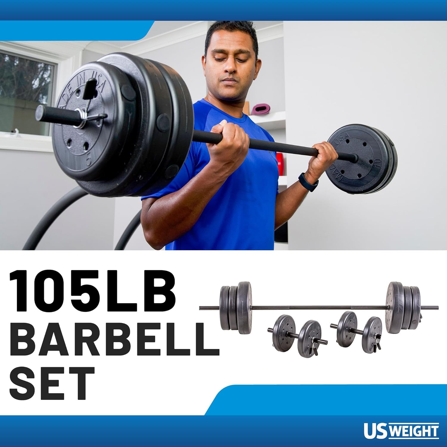 US Weight 105 Pound Barbell Weight Set for Home Gym| Adjustable Weight Set with Two Dumbbell Bars and Full 6 Ft Bar, Black