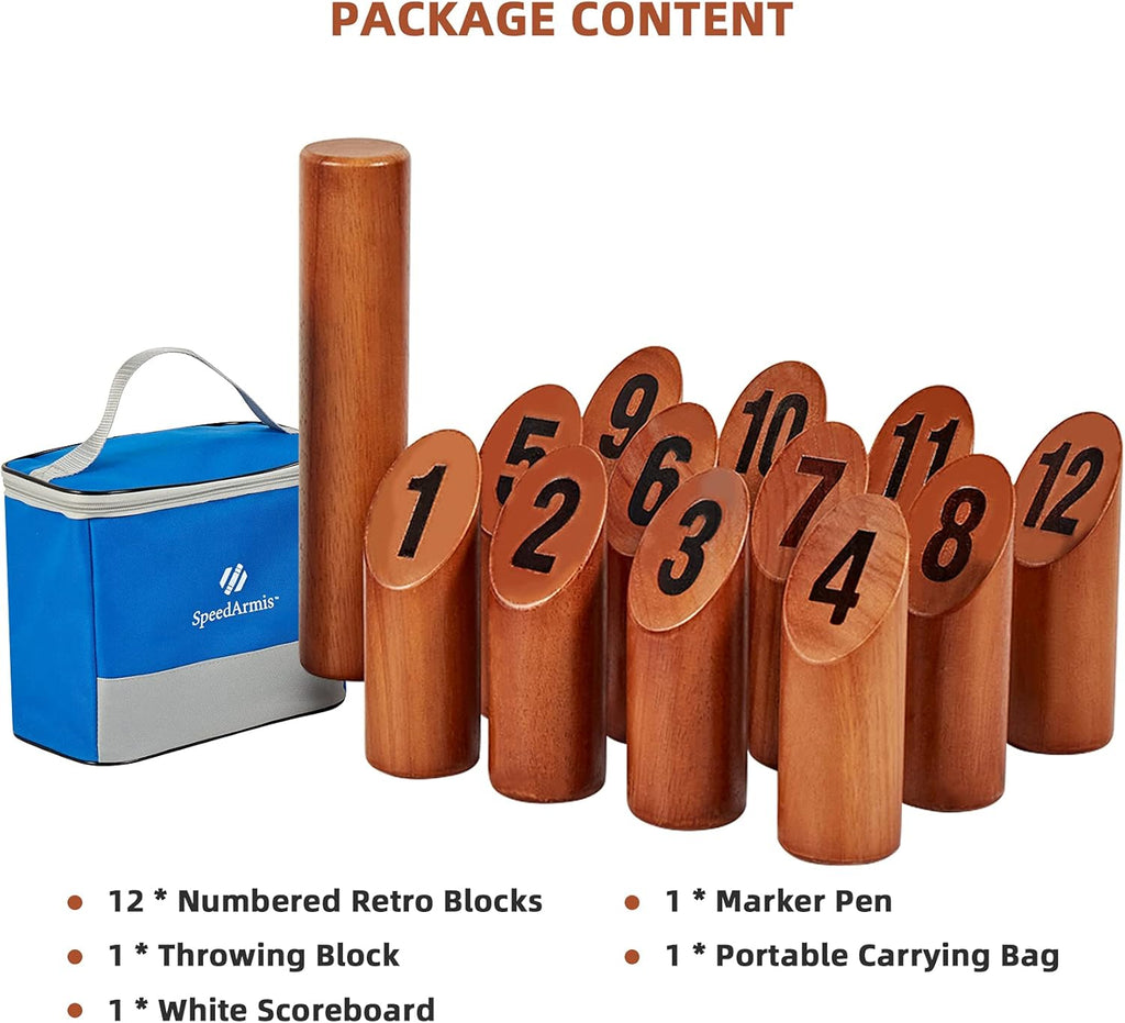 Wooden Throwing Game, 12 Numbered Block Toss Games Set with Scoreboard & Carrying Case, Indoor Tailgating Bowling Yard Activity‌ for Teens Adults Family