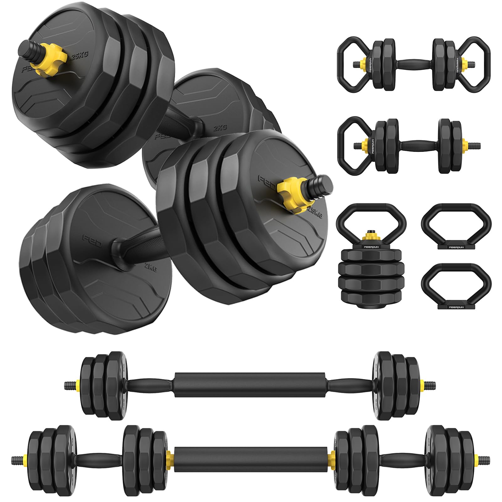 FEIERDUN Adjustable Dumbbells, 20/30/40/45/70/90lbs Free Weight Set with Connector, 5 in1 Dumbbells Set Used as Barbell, Kettlebells, Push up Stand, Weight Plate, Fitness Exercises for Home Gym Suitable Men/Women