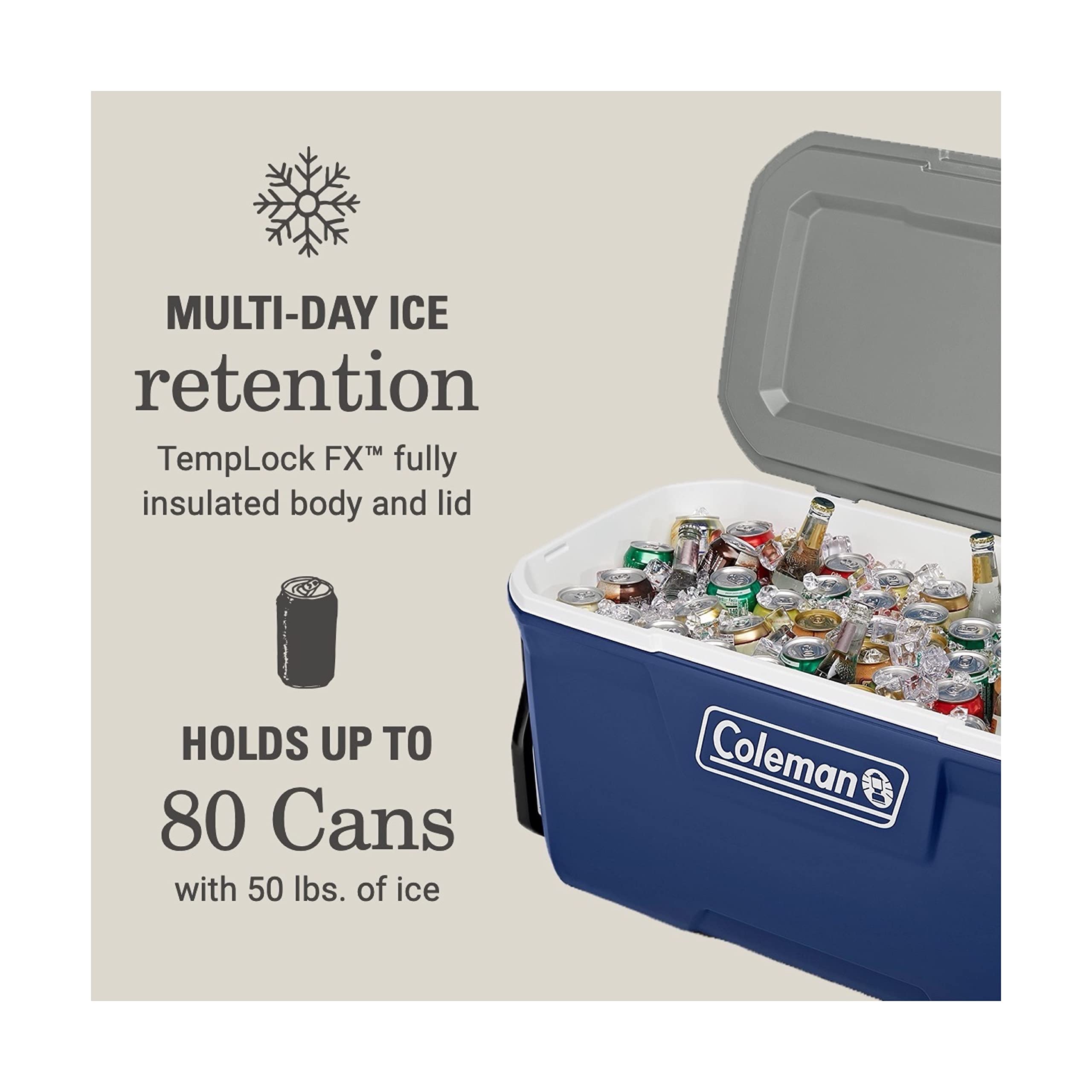 Coleman Classic Series Insulated Portable Rolling Cooler with Wheels, Leak-Resistant Outdoor Hard Cooler Keeps Ice up to 5 Days, 100-Quart