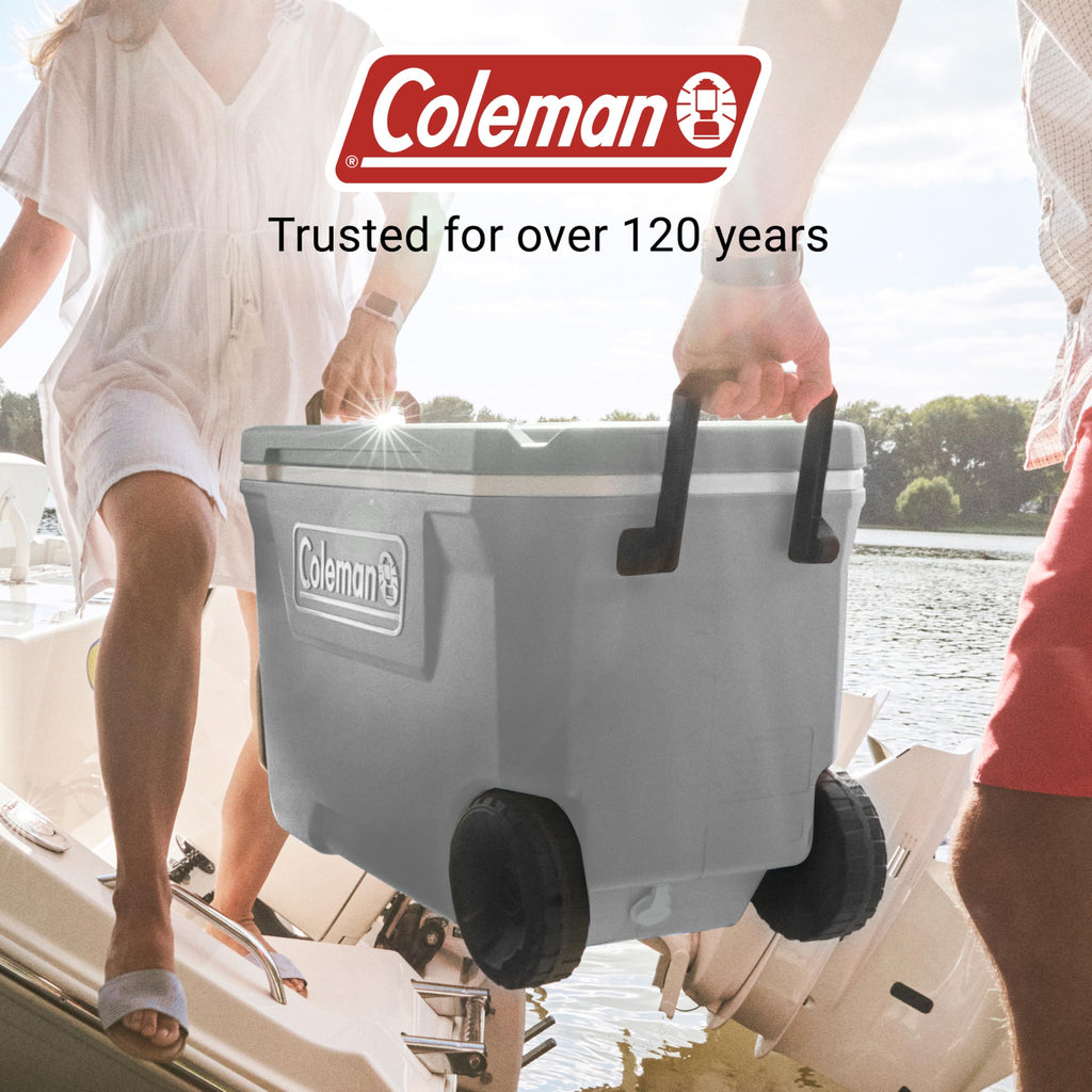 Coleman Classic Series Insulated Portable Rolling Cooler with Wheels, Leak-Resistant Outdoor Hard Cooler Keeps Ice up to 5 Days, 100-Quart