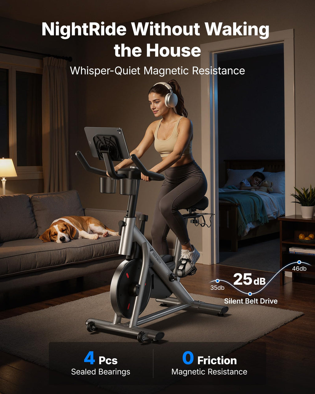 MERACH Exercise Bike, Brake Pad Stationary Bike with Exclusive App, Low Noise Indoor Cycling Bike with 300lbs Weight Capacity, Tablet Mount and Fitness Courses for Weight Loss