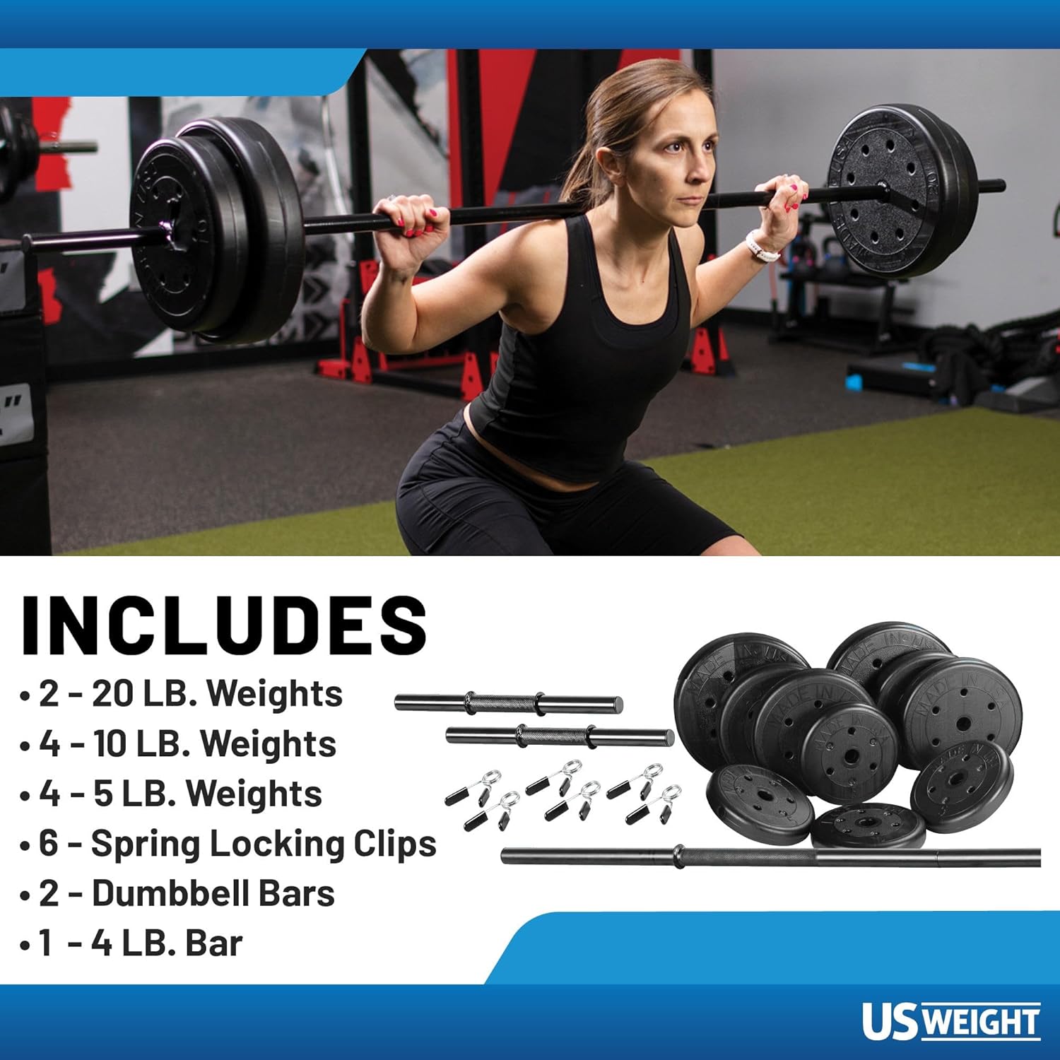 US Weight 105 Pound Barbell Weight Set for Home Gym| Adjustable Weight Set with Two Dumbbell Bars and Full 6 Ft Bar, Black