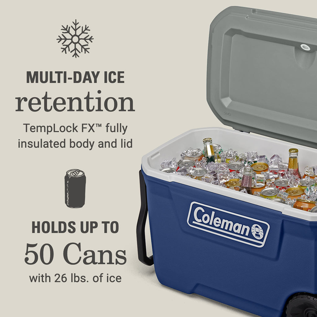 Coleman Classic Series Insulated Portable Rolling Cooler with Wheels, Leak-Resistant Outdoor Hard Cooler Keeps Ice up to 5 Days, 100-Quart