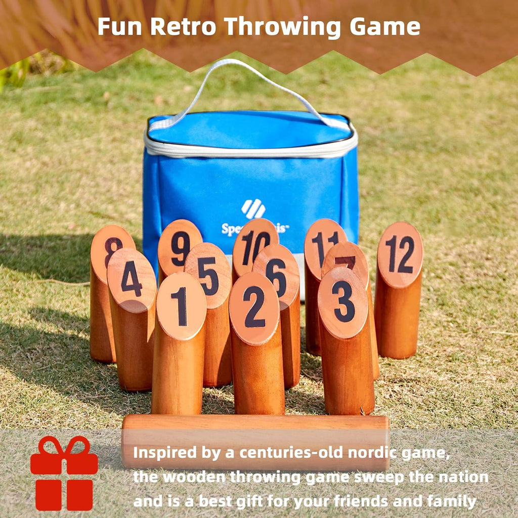 Wooden Throwing Game, 12 Numbered Block Toss Games Set with Scoreboard & Carrying Case, Indoor Tailgating Bowling Yard Activity‌ for Teens Adults Family