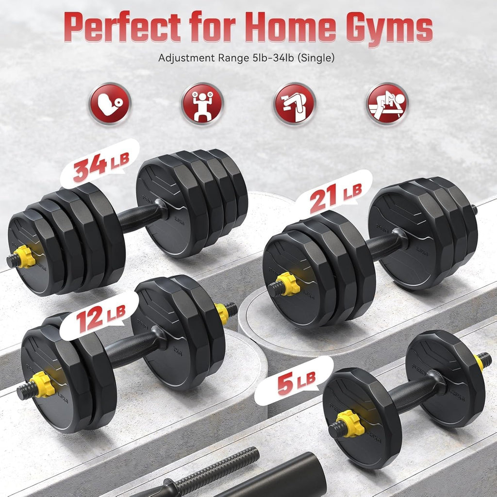FEIERDUN Adjustable Dumbbells, 20/30/40/45/70/90lbs Free Weight Set with Connector, 5 in1 Dumbbells Set Used as Barbell, Kettlebells, Push up Stand, Weight Plate, Fitness Exercises for Home Gym Suitable Men/Women