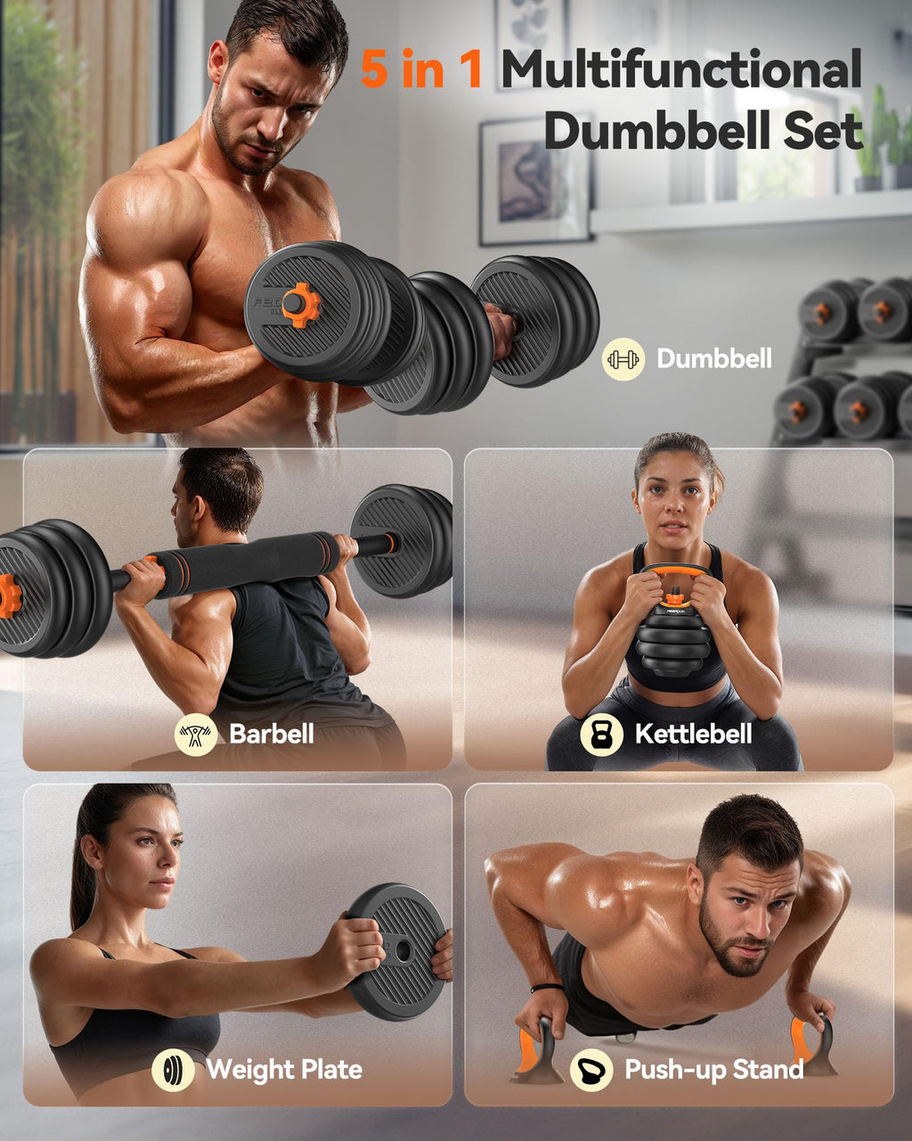 FEIERDUN Adjustable Dumbbells, 20/30/40/45/70/90lbs Free Weight Set with Connector, 5 in1 Dumbbells Set Used as Barbell, Kettlebells, Push up Stand, Weight Plate, Fitness Exercises for Home Gym Suitable Men/Women