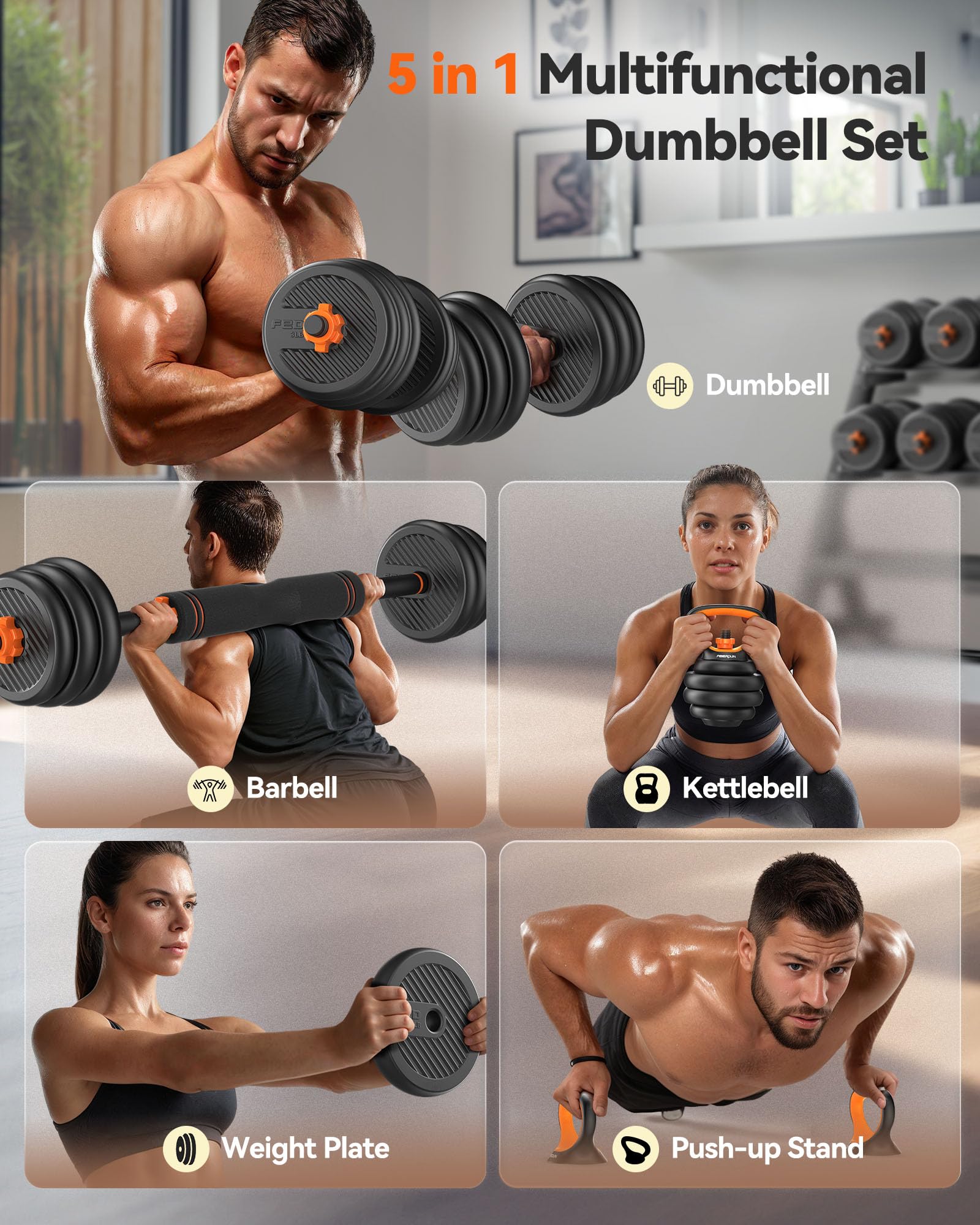 FEIERDUN Adjustable Dumbbells, 20/30/40/45/70/90lbs Free Weight Set with Connector, 5 in1 Dumbbells Set Used as Barbell, Kettlebells, Push up Stand, Weight Plate, Fitness Exercises for Home Gym Suitable Men/Women