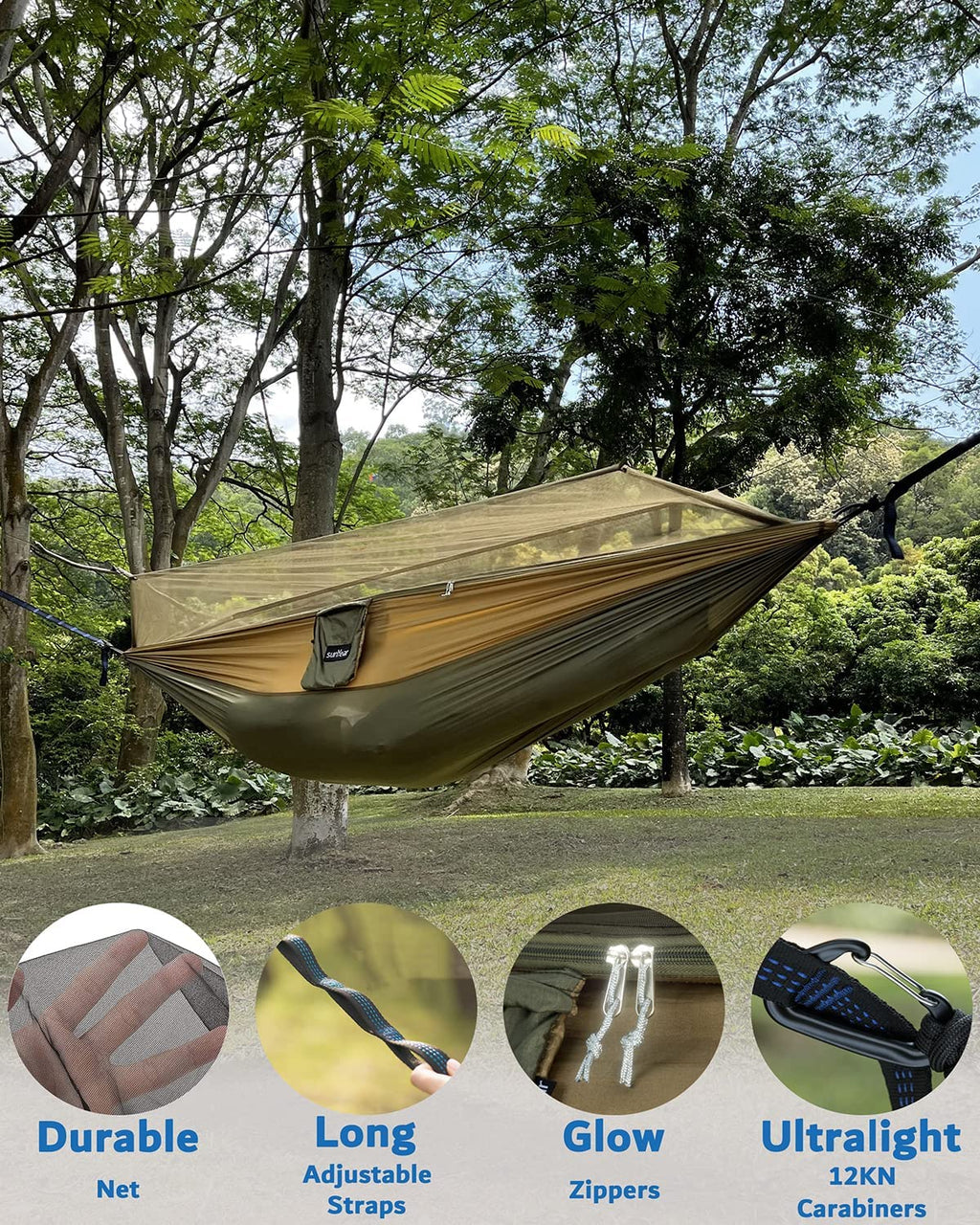 Sunyear Camping Hammock, Portable Single & Double Hammock with Net, 2 Person Hammock Tent with 2 * 10Ft Straps, Best for Outdoor Hiking Survival Travel
