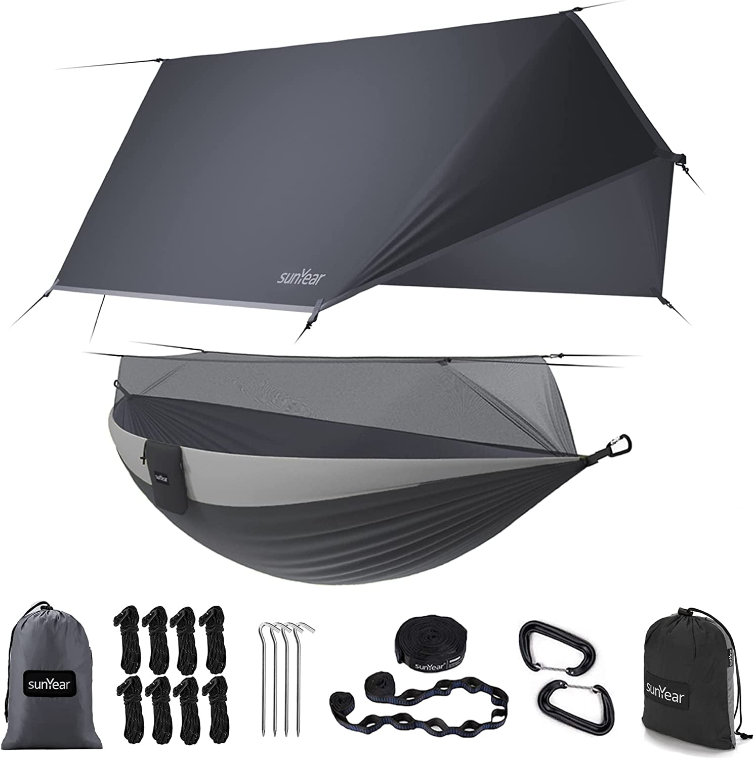 Sunyear Camping Hammock, Portable Single & Double Hammock with Net, 2 Person Hammock Tent with 2 * 10Ft Straps, Best for Outdoor Hiking Survival Travel