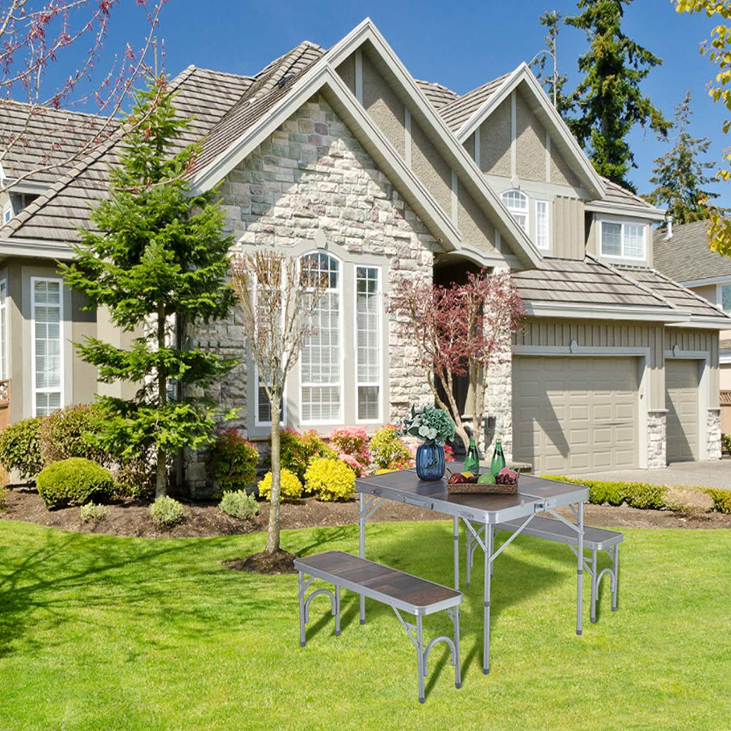 ALPHA CAMP 3PCS Folding Camping Table and Benches Set 4FT Aluminum Camping Table Portable Picnic Dining Table Lightweight Folding Card Table W/Handle for Indoor Outdoor Patio Backyard Party