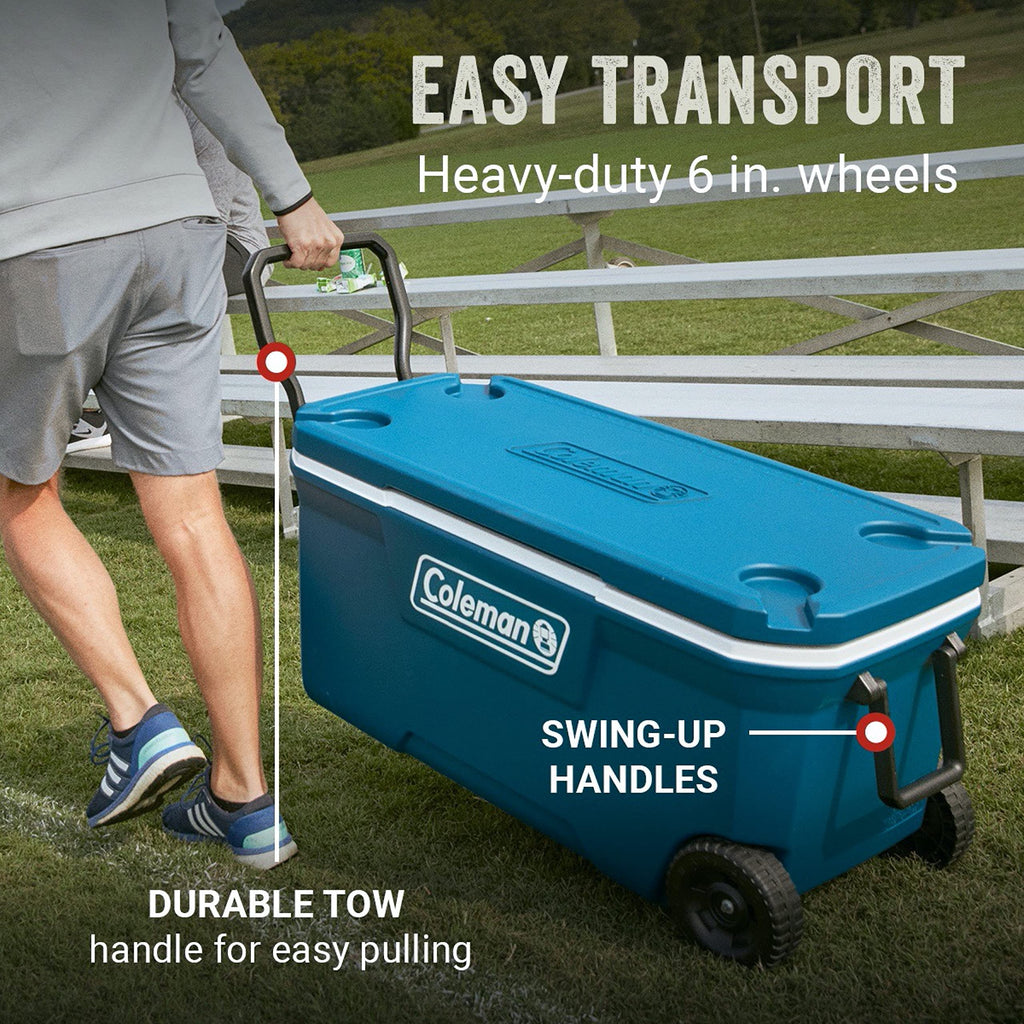 Coleman Classic Series Insulated Portable Rolling Cooler with Wheels, Leak-Resistant Outdoor Hard Cooler Keeps Ice up to 5 Days, 100-Quart