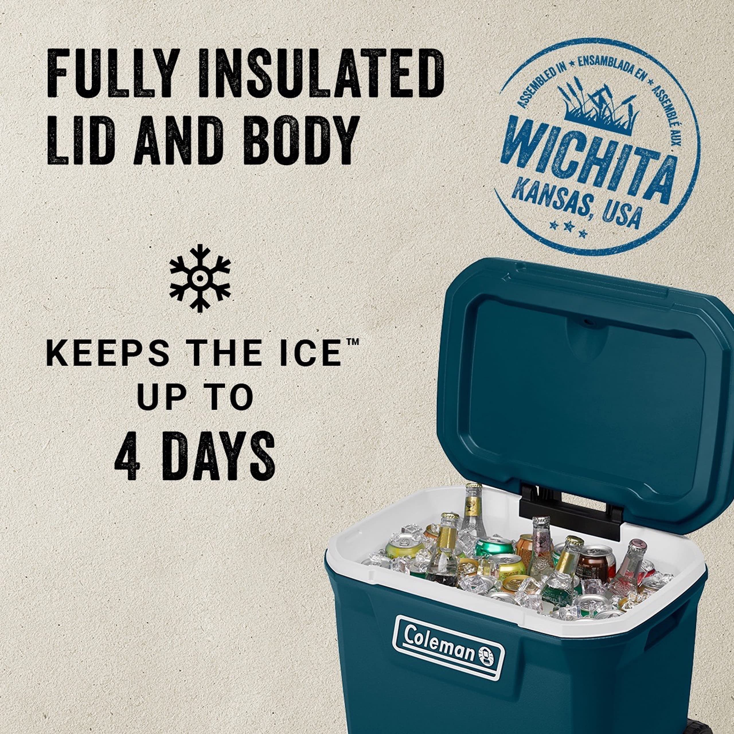 Coleman Classic Series Insulated Portable Rolling Cooler with Wheels, Leak-Resistant Outdoor Hard Cooler Keeps Ice up to 5 Days, 100-Quart