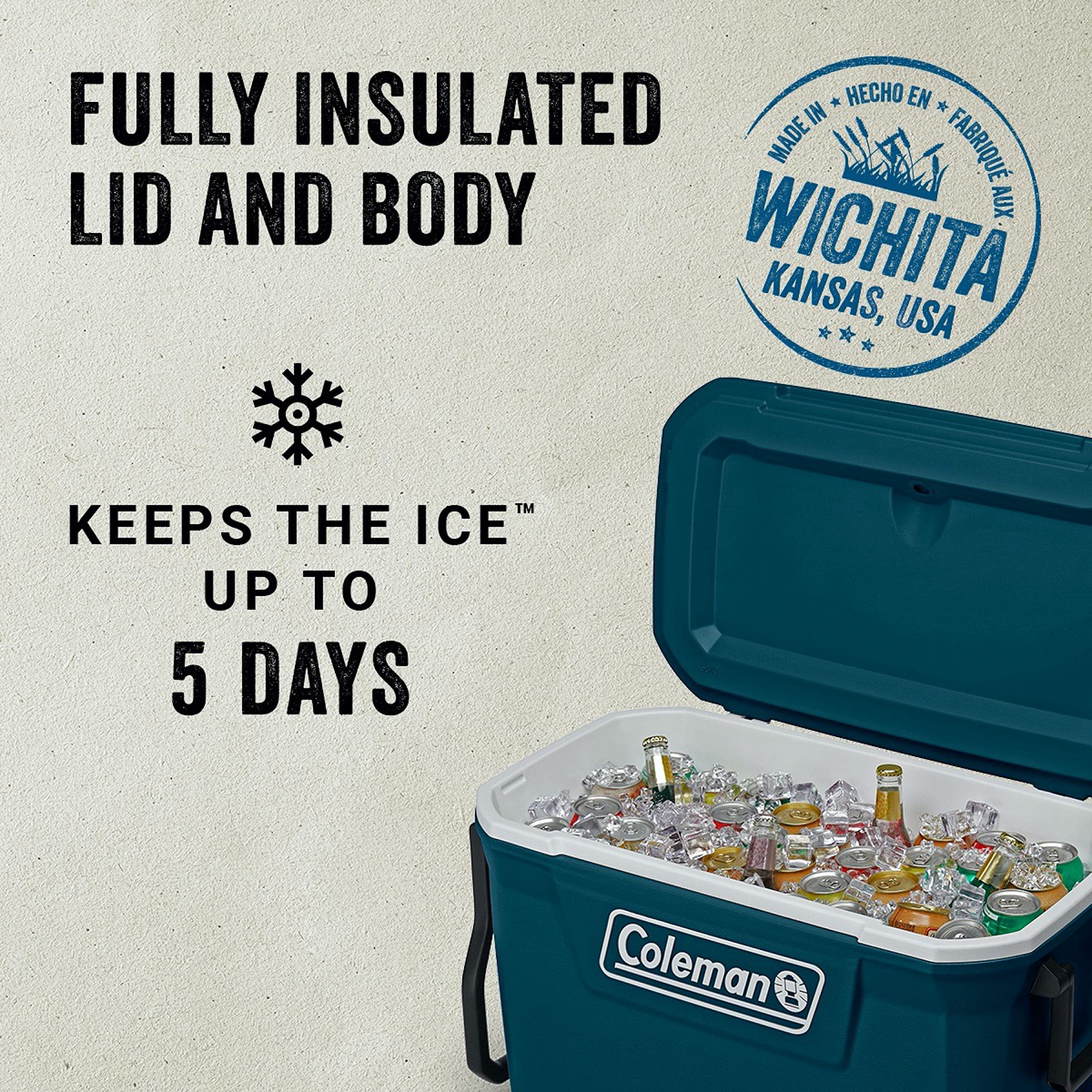 Coleman Classic Series Insulated Portable Rolling Cooler with Wheels, Leak-Resistant Outdoor Hard Cooler Keeps Ice up to 5 Days, 100-Quart