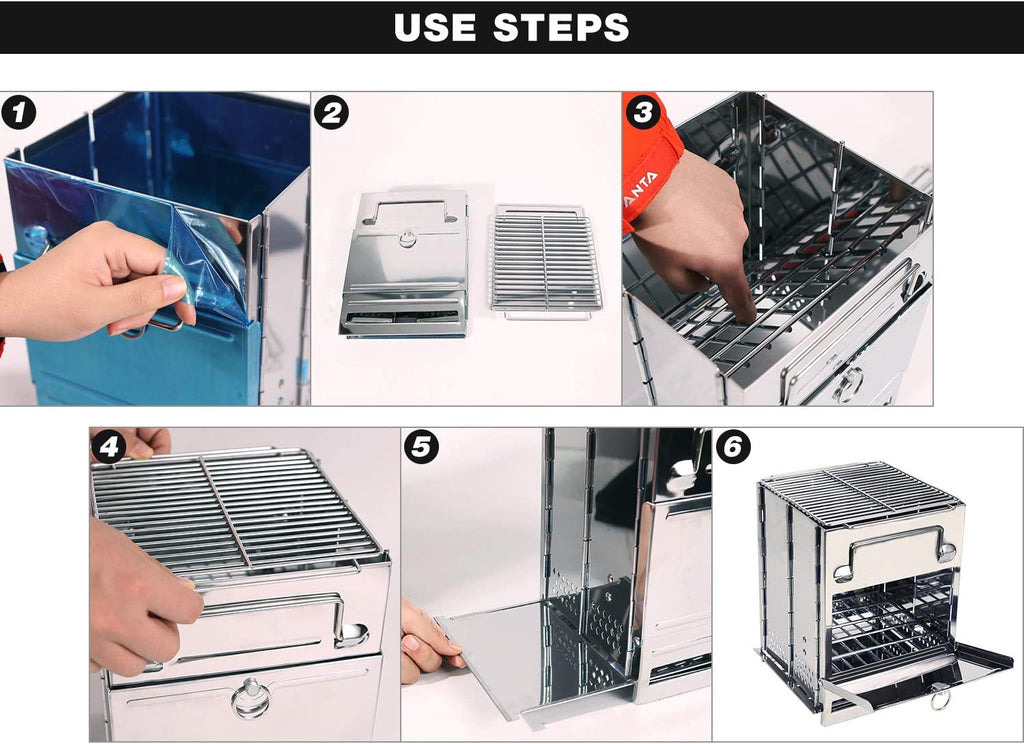 REDCAMP Camping Wood Burning Stove, Stainless Steel Compact Portable Foldable Mini Mult Fuel Camp Stove with Storage Bag, Perfect for Backpacking Hiking Outdoor Cooking Picnic BBQ (Silver-Large)