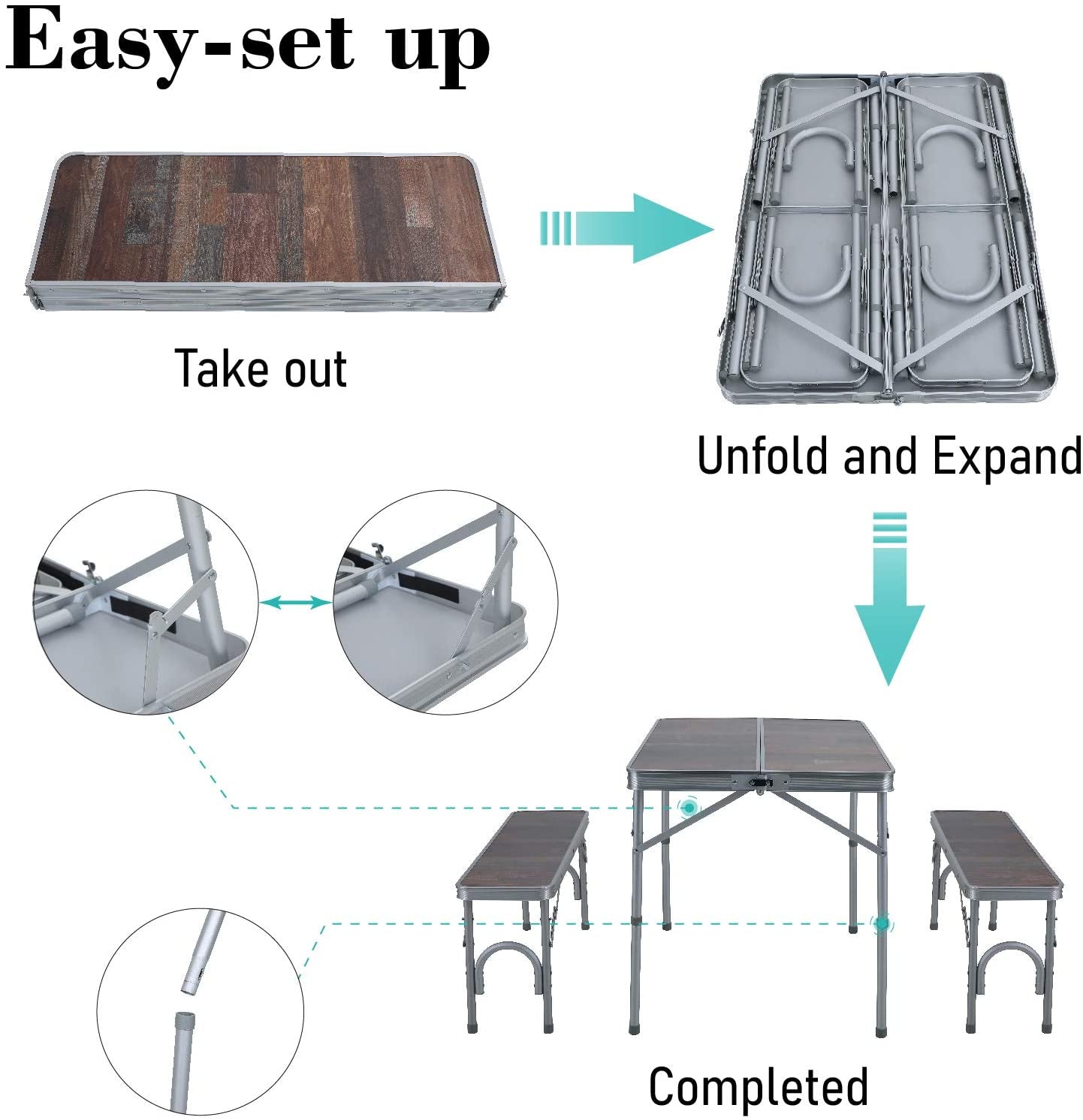 ALPHA CAMP 3PCS Folding Camping Table and Benches Set 4FT Aluminum Camping Table Portable Picnic Dining Table Lightweight Folding Card Table W/Handle for Indoor Outdoor Patio Backyard Party