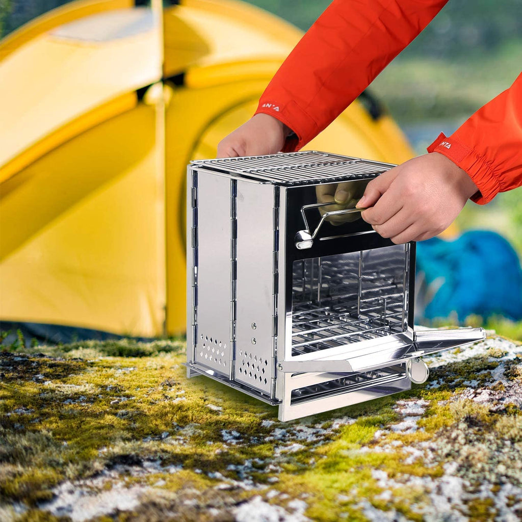REDCAMP Camping Wood Burning Stove, Stainless Steel Compact Portable Foldable Mini Mult Fuel Camp Stove with Storage Bag, Perfect for Backpacking Hiking Outdoor Cooking Picnic BBQ (Silver-Large)