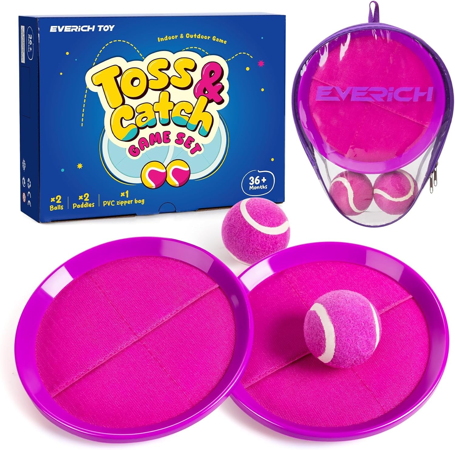 EVERICH Upgraded Toss and Catch Ball Game Set - Indoor and Outdoor Games for Kids 3-12, Beach Sand Pool Water Toy Includes 2 Paddles 2 Sticky Balls, Great Birthday Easter Gifts for Boys Girls