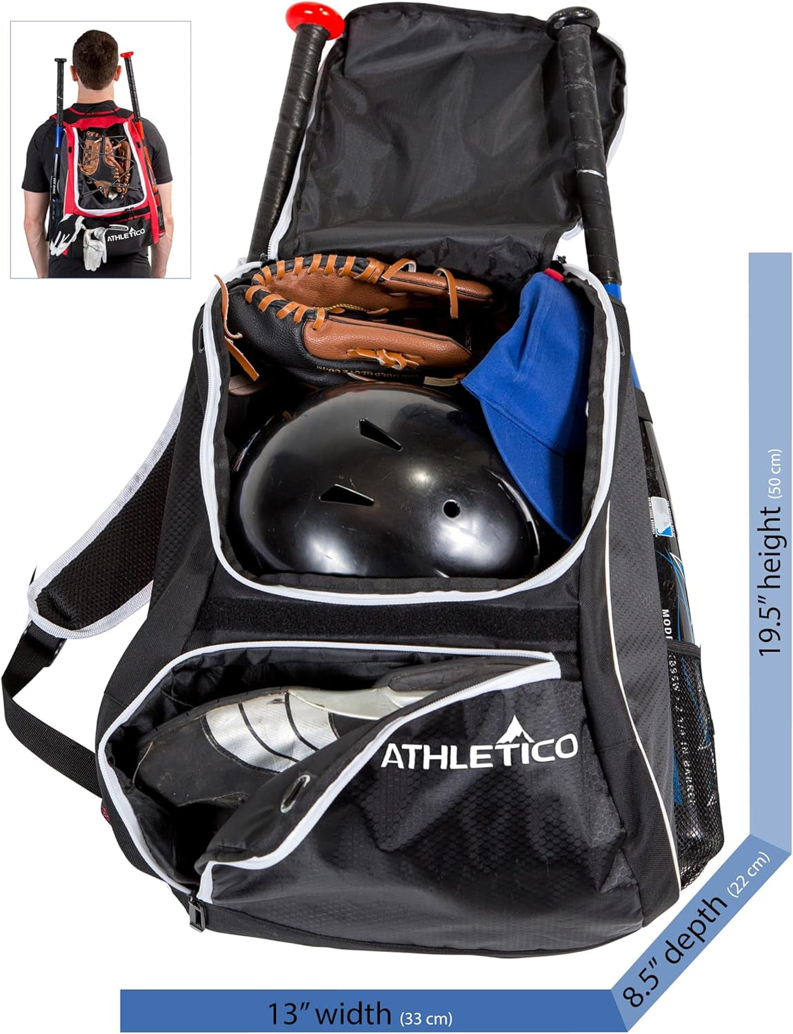Athletico Baseball Bat Bag - Backpack for Baseball, T-Ball & Softball Equipment & Gear for Youth and Adults | Holds Bat, Helmet, Glove, & Shoes |Shoe Compartment & Fence Hook