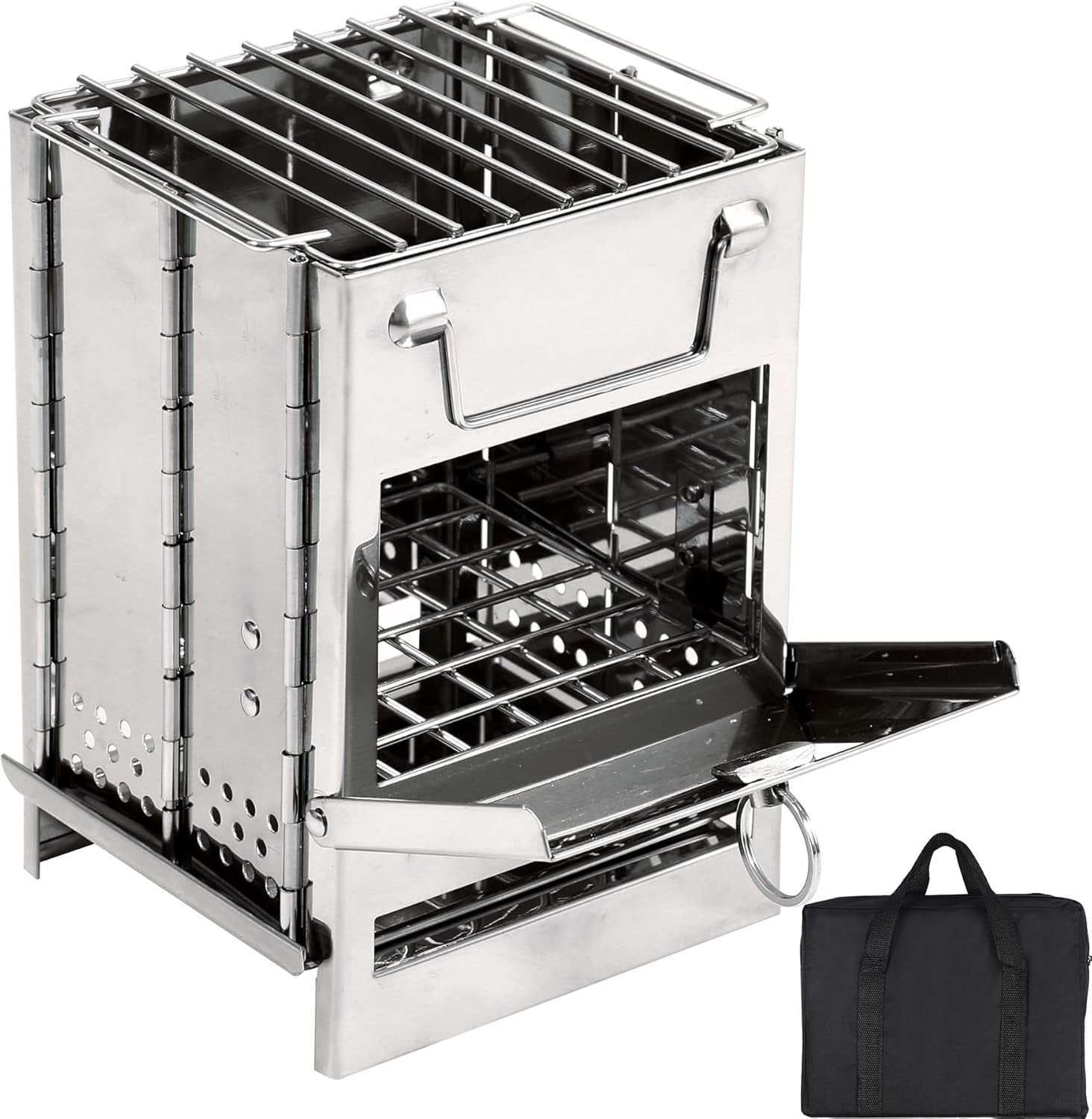 REDCAMP Camping Wood Burning Stove, Stainless Steel Compact Portable Foldable Mini Mult Fuel Camp Stove with Storage Bag, Perfect for Backpacking Hiking Outdoor Cooking Picnic BBQ (Silver-Large)