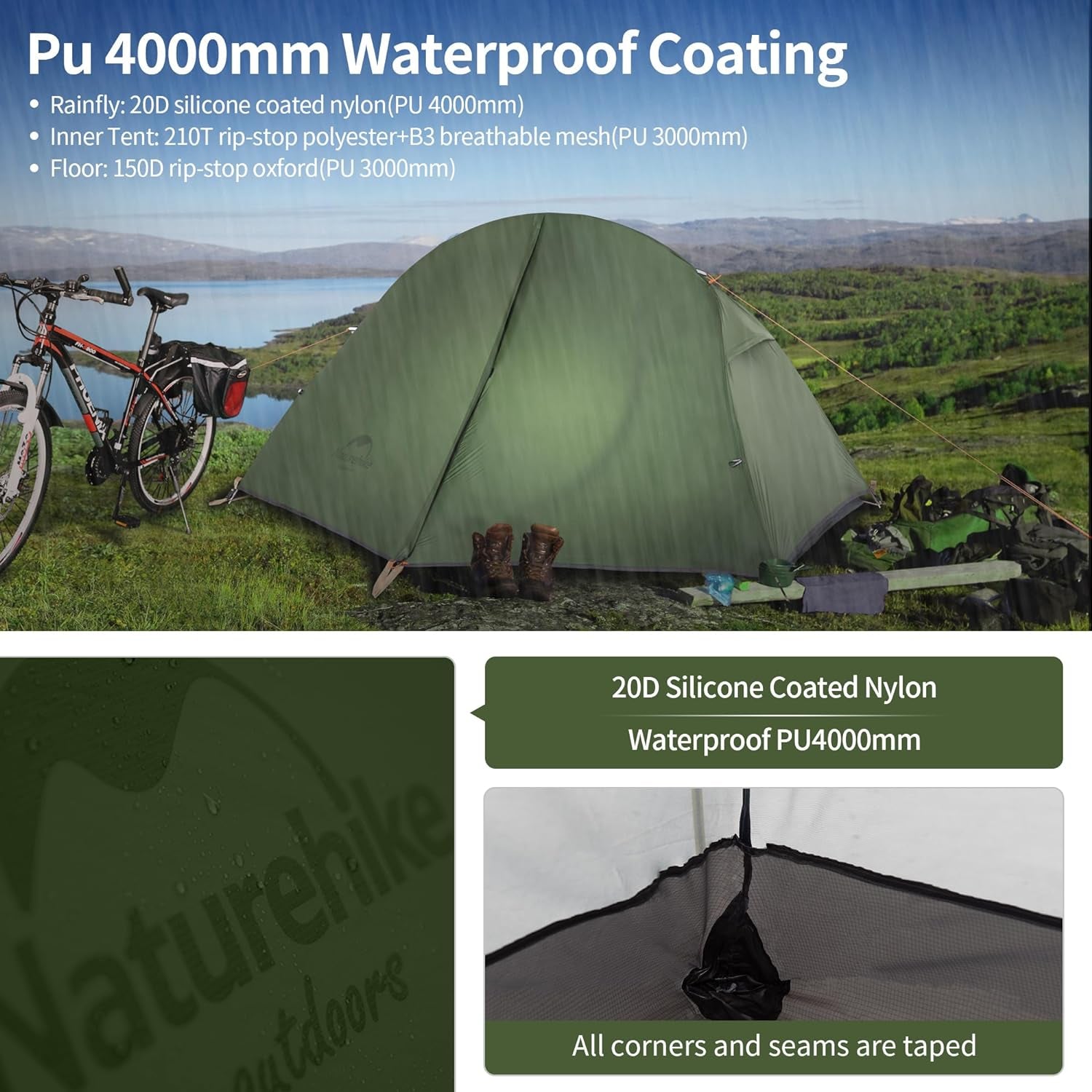 Naturehike Bikepacking 1 Person Tent, Waterproof Easy Set up Free Standing Single Person Tent, Lightweight Backpacking Tent for 1 Person, One Person Tent with Footprint Included