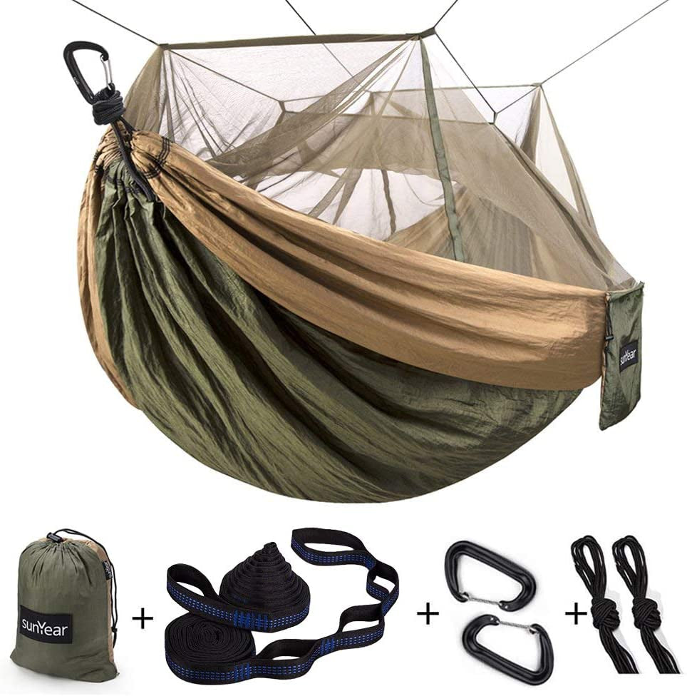 Sunyear Camping Hammock, Portable Single & Double Hammock with Net, 2 Person Hammock Tent with 2 * 10Ft Straps, Best for Outdoor Hiking Survival Travel